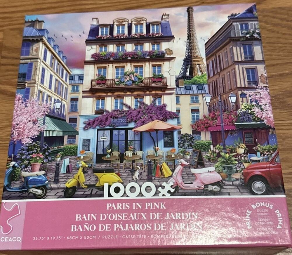 Pre-Owned CEACO 1000 Piece “Paris In Pink” Jigsaw Puzzle with Poster COMPLETE.